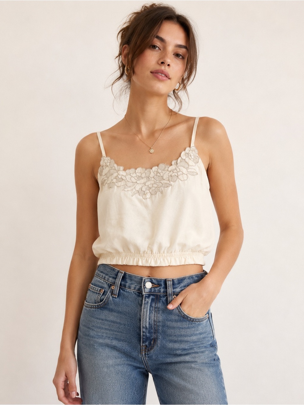 OFFLINE by Aerie Ivory Floral Embroidered Cropped Cami Top XS